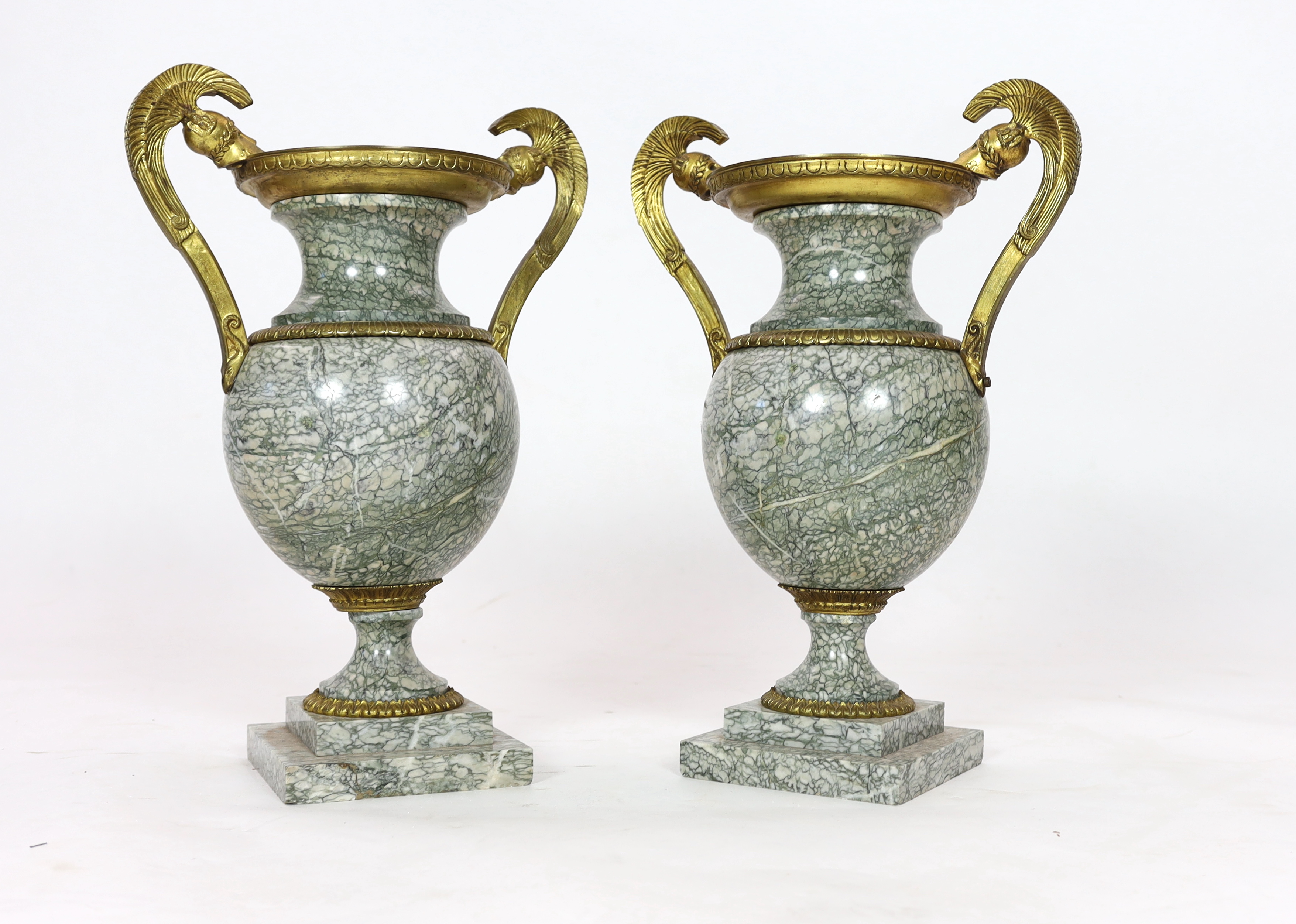 A pair of 19th century ormolu mounted Chipollino green variegated marble vases Please note this lot attracts an additional import tax of 5% on the hammer price